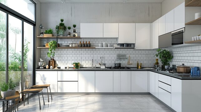 A picture of a kitchen with white cabinets and black countertops. This image can be used to showcase modern kitchen design ideas