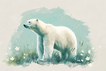Obraz na płótnie Canvas Minimalism and abstract cartoon cute polar bear happy. Minimalistic floral background around the polar bear, boho style, vintage watercolor. 