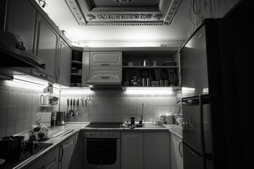 A black and white photo of a kitchen. Suitable for home decor or interior design projects