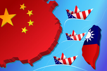map of mainland China and Taiwan island,   United States Navy in the Taiwan Strait. concept of conflict, disputes, partnerships between countries, sea trade routes © RomanWhale studio