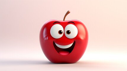 A 3D-rendered happy apple character with sparkling eyes and a friendly grin, set against a plain cream background. The lighting is warm, highlighting the apple's glossy texture and cheerful expression