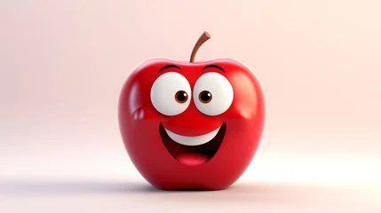 Fotobehang A 3D-rendered happy apple character with sparkling eyes and a friendly grin, set against a plain cream background. The lighting is warm, highlighting the apple's glossy texture and cheerful expression © Dilawar Meharban
