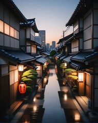 a beautiful japanese tokyo city town in the evening