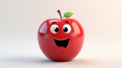 A 3D-rendered happy apple character with sparkling eyes and a friendly grin, set against a plain cream background. The lighting is warm, highlighting the apple's glossy texture and cheerful expression