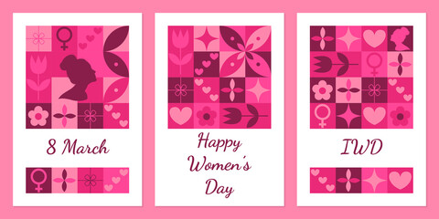 International womens day cards. Set of modern geometric backgrounds for 8 march. Abstract neo geometric pattern. Template for postcard or invitations. Vector illustration