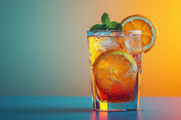 Glas Getränk mit Orangengeschmack, auf dem eine Orangenscheibe und ein paar Minzblätter schwimmen