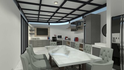 Fototapeta na wymiar Luxury Dining Room Design Integrate with Workspace Area