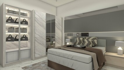 Modern Master Bedroom Design with Headboard Panel and Clothes Wardrobe
