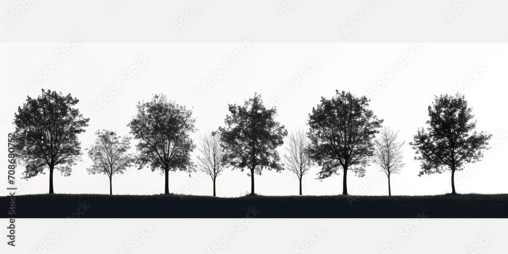 Poster a black and white photo capturing a row of trees. suitable for nature and landscape themes