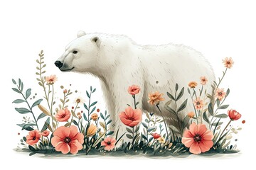 Minimalism and abstract cartoon cute polar bear happy. Minimalistic floral background around the polar bear, boho style, vintage watercolor.
