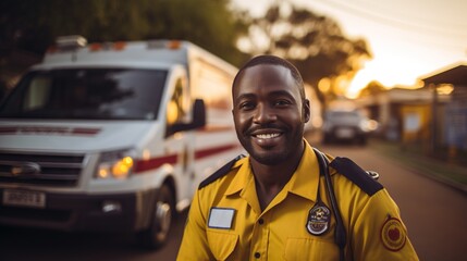 Portrait of a smiling African American male paramedic in front of an ambulance - obrazy, fototapety, plakaty