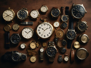 Collection of clocks and watches. Overhead view of flat-lay assortment Design.