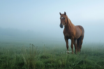 Obraz na płótnie Canvas Majestic brown horse in misty cold, stands on lush green ground. The scene is tranquil and picturesque, capturing a serene moment in nature's embrace.AI generated