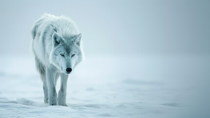 wide angle view full body far away an arctic wolf in snow - obrazy, fototapety, plakaty