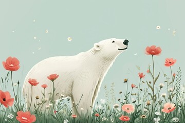 Minimalism and abstract cartoon cute polar bear happy. Minimalistic floral background around the polar bear, boho style, vintage watercolor.
