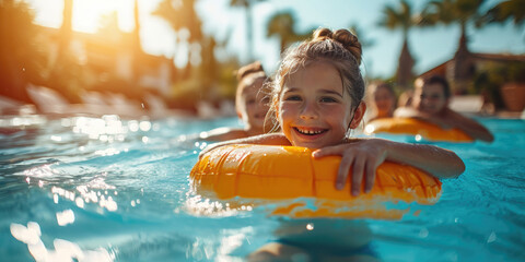 Kinder in einem Schwimmbad mit einem gelben aufblasbaren Ring - obrazy, fototapety, plakaty