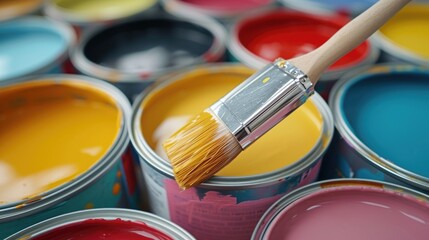 A close-up view of a paint can with a brush. This image can be used for various projects that involve painting, home improvement, or artistic endeavors