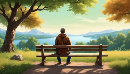 Peaceful solitude in a natural setting, a man sitting on a wooden bench facing backwards, while watching, enjoying the beauty of nature - obrazy, fototapety, plakaty