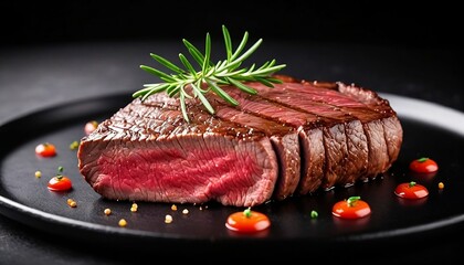 Sliced beef steak on black plate, focused, dark background. Generative AI