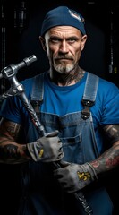 Fototapeta na wymiar male plumber, worker with tool, drill and wrench. tattoos on the body, brutal portrait, advertising of plumbing services, black background
