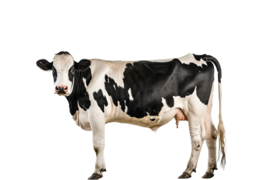 Upright black and white cow isolated on white background