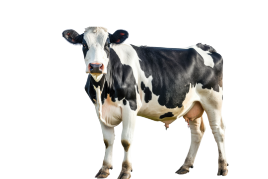 Upright black and white cow isolated on white background