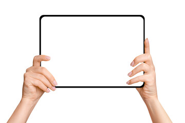 Female hands holding tablet with blank screen on empty background - obrazy, fototapety, plakaty