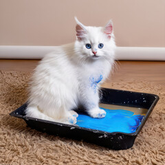 White kitten with blue paint splatters sitting in a paint roller tray