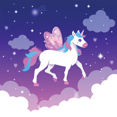Unicorn and stars.  Cute cartoon happy character unicorn vector illustration. Happy Valentine's day! Kid invitation with unicorn, rainbow, star, heart. Cute unicorn floating in the sky.