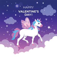 Happy Unicorn and stars.  Cute cartoon happy character unicorn vector illustration. Happy Valentine's day! Kid invitation with unicorn, rainbow, star, heart. Cute unicorn floating in the sky.