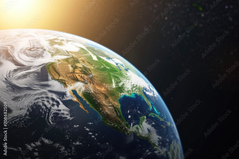 Poster a stunning view of the earth from space with the sun shining in the background. perfect for scientif