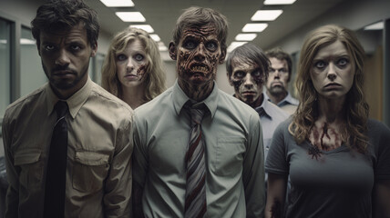 group of scary zombie people in hospital. - obrazy, fototapety, plakaty