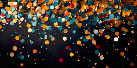 Confetti of various colors on dark blue background