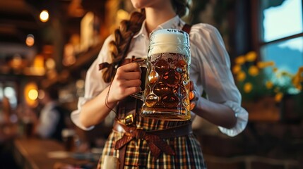 A young Oktoberfest waitress in traditional clothes serves beer mugs. Created with Generative Ai technology. - obrazy, fototapety, plakaty