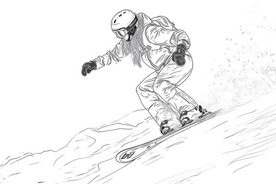 A man is seen riding a snowboard down a snow covered slope. This image can be used to depict winter sports or outdoor activities in snowy conditions