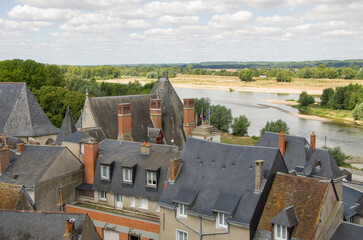 Castle in the city of Amboise France, beautiful architecture, old roofs, Loire river, green trees and colorful flowers.

