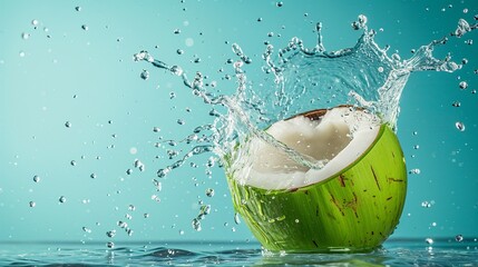 Coconut water splashing out of a fresh green coconut isolated on a pastel summer blue background with copy space. - obrazy, fototapety, plakaty