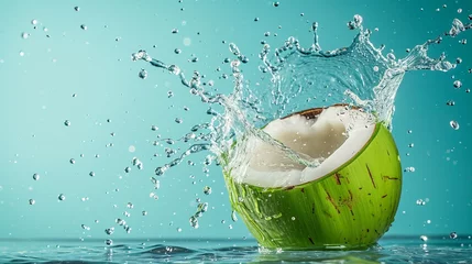 Foto op Plexiglas Coconut water splashing out of a fresh green coconut isolated on a pastel summer blue background with copy space. © Jasper W