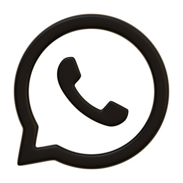 Black volumetric WhatsApp icon isolated on white background. Phone in bubble chat Icon. Social media app button, logo, sign and symbol. Front view. 3D Render Illustration