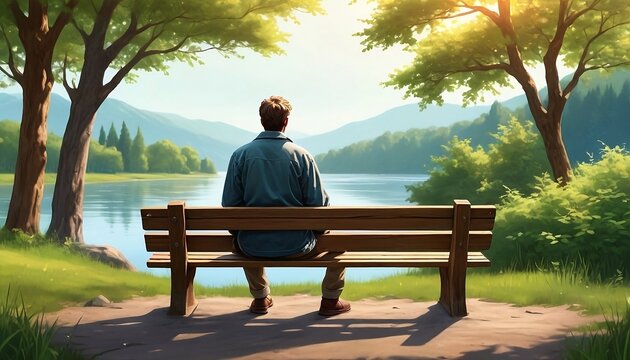 Peaceful solitude in a natural setting. Man sitting on a wooden bench facing backwards in a peaceful and mind calming nature. Generative AI