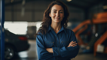 Beautiful smiling girl auto mechanic in uniform posing in a car service center. Copy space - Powered by Adobe