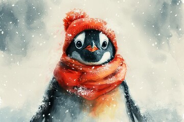 Minimalism and abstract cartoon cute charming penguin happy. Boho style, vintage watercolor winter's tale.
