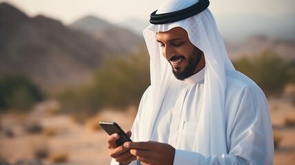 Smiling middle eastern man using smartphone in desert - obrazy, fototapety, plakaty