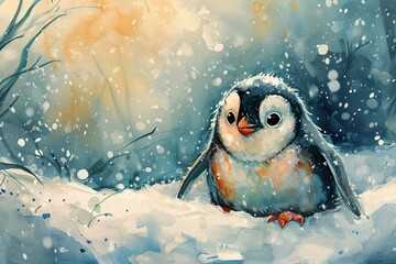 Minimalism and abstract cartoon cute charming penguin happy. Boho style, vintage watercolor winter's tale.
 - obrazy, fototapety, plakaty