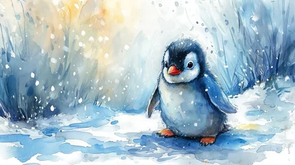 Rolgordijnen Boho dieren Minimalism and abstract cartoon cute charming penguin happy. Boho style, vintage watercolor winter's tale. 