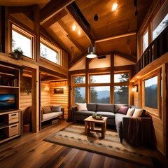 Nighttime ambiance with soft lighting in a timber frame tiny house interior