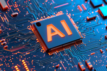 Illustration of a microchip with the letters "AI" on the chip, orange and blue tones