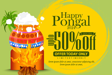 50% Offer advertising banner design for Indian Pongal festival celebration. Vector illustration