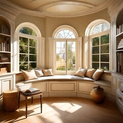 Rounded window seat bathed in sunlight, creating a serene reading spot