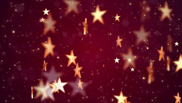 Shiny golden stars and glittering gold star particles on an elegant dark red gradient background. This luxury glitzy animation is suitable as an awards ceremony or talent show background. 
